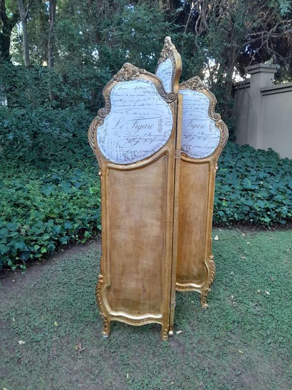 A French Rococo Style Ornately Carved Gilt-Wood Screen Upholstered in a Custom Design Fabric for ...