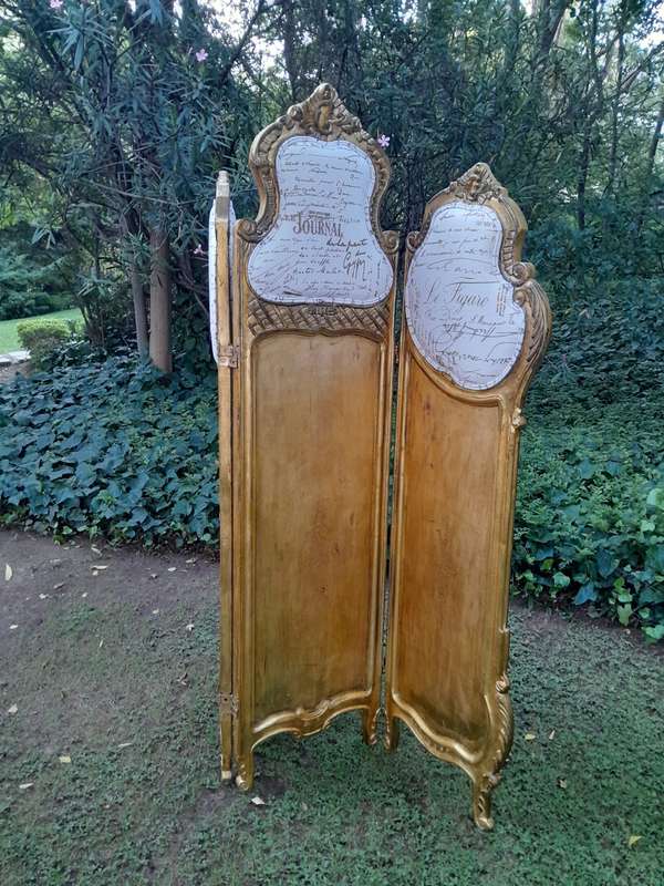 A French Rococo Style Ornately Carved Gilt-Wood Screen Upholstered in a Custom Design Fabric for ...