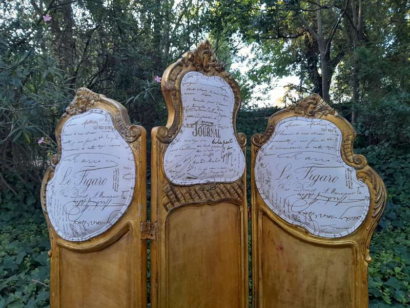 A French Rococo Style Ornately Carved Gilt-Wood Screen Upholstered in a Custom Design Fabric for ...