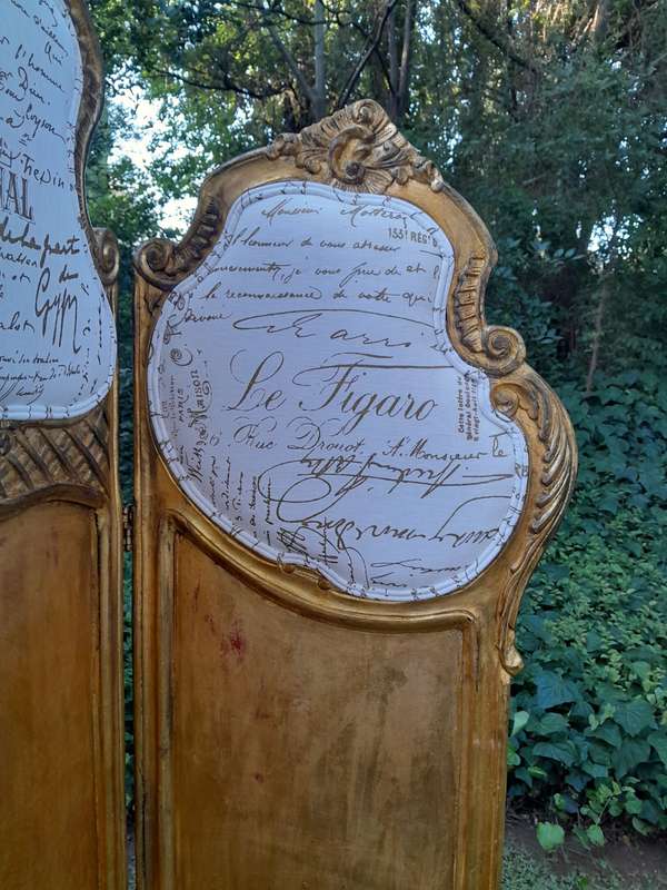 A French Rococo Style Ornately Carved Gilt-Wood Screen Upholstered in a Custom Design Fabric for ...