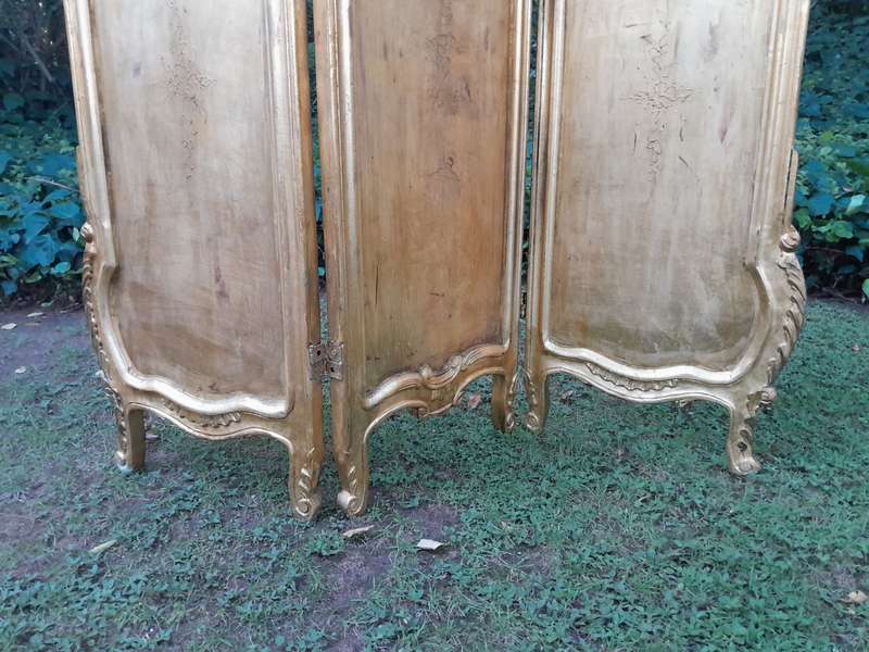 A French Rococo Style Ornately Carved Gilt-Wood Screen Upholstered in a Custom Design Fabric for ...