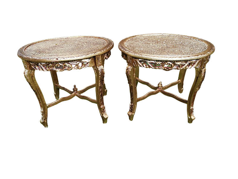 A Pair Of French Style Ornately Carved Rattan Top Side Tables