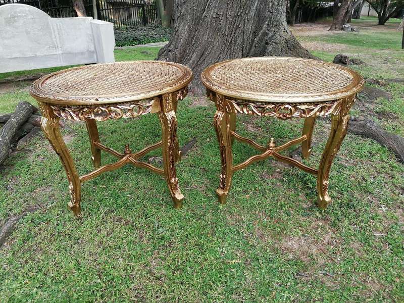 A Pair Of French Style Ornately Carved Rattan Top Side Tables