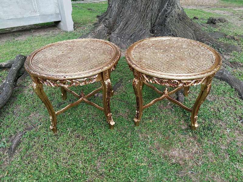 A Pair Of French Style Ornately Carved Rattan Top Side Tables