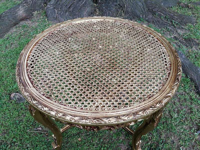 A Pair Of French Style Ornately Carved Rattan Top Side Tables