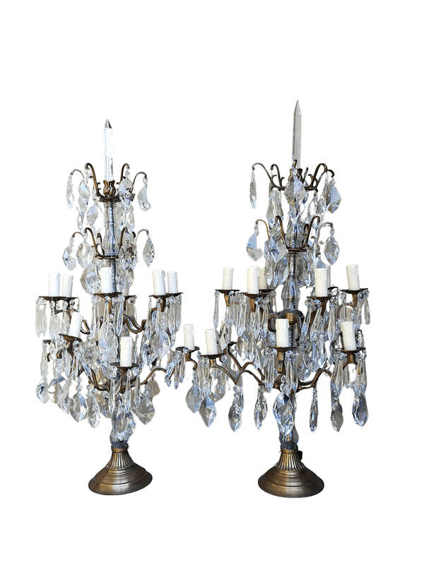 A Pair of French Girandole Gallery Candelabras / Brass and Crystal Table Lamps (Large)