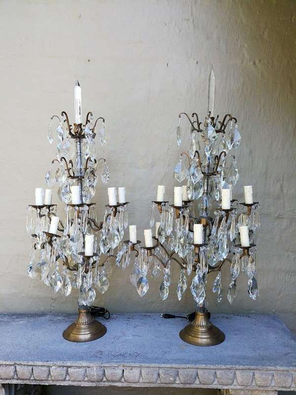 A Pair of French Girandole Gallery Candelabras / Brass and Crystal Table Lamps (Large)