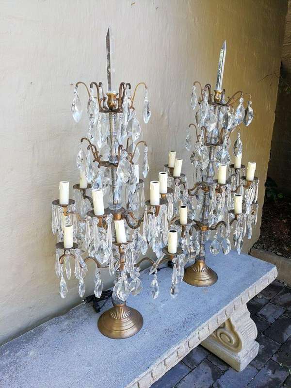 A Pair of French Girandole Gallery Candelabras / Brass and Crystal Table Lamps (Large)