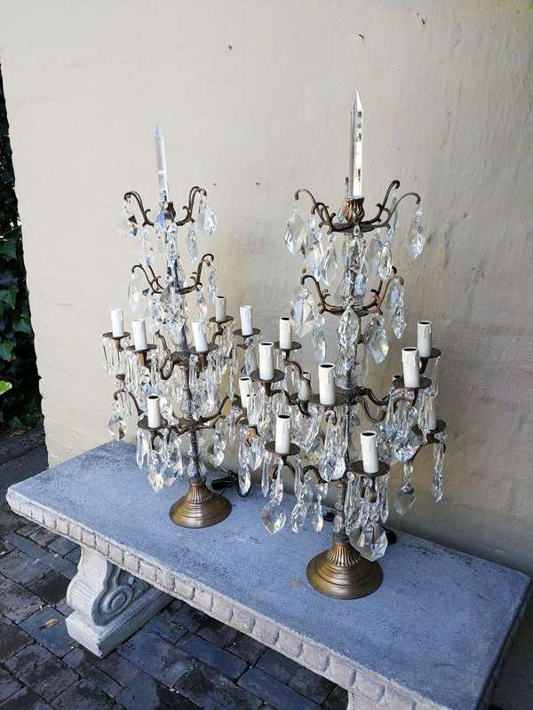 A Pair of French Girandole Gallery Candelabras / Brass and Crystal Table Lamps (Large)