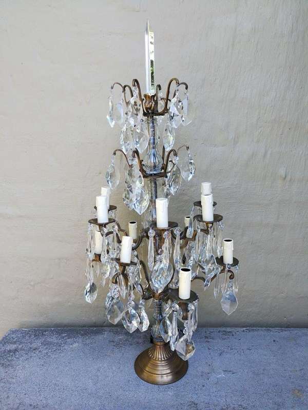 A Pair of French Girandole Gallery Candelabras / Brass and Crystal Table Lamps (Large)