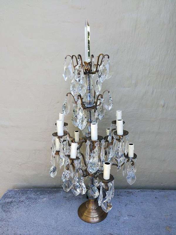 A Pair of French Girandole Gallery Candelabras / Brass and Crystal Table Lamps (Large)
