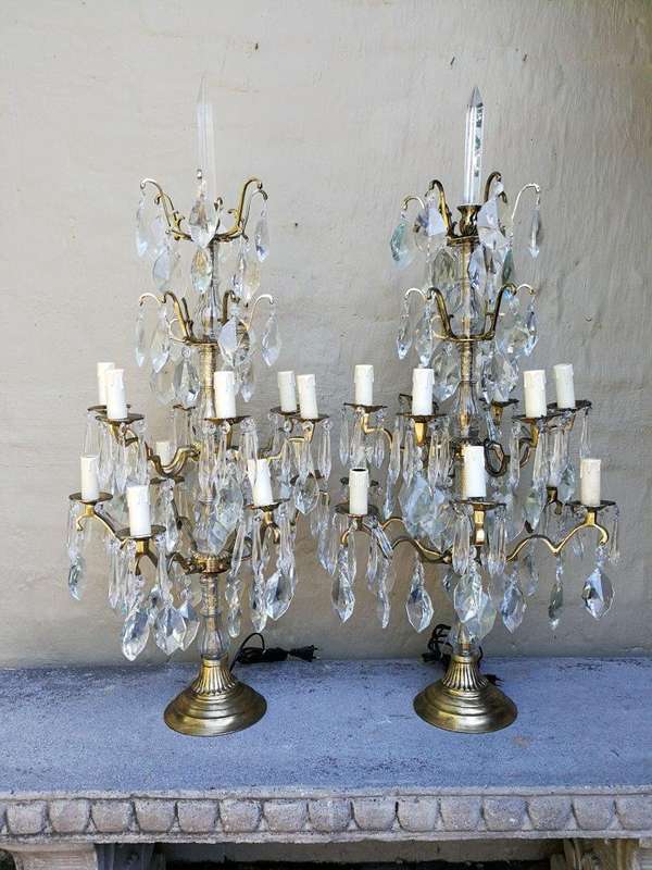 A Pair of French Girandole Gallery Candelabras / Brass and Crystal Table Lamps (Large)