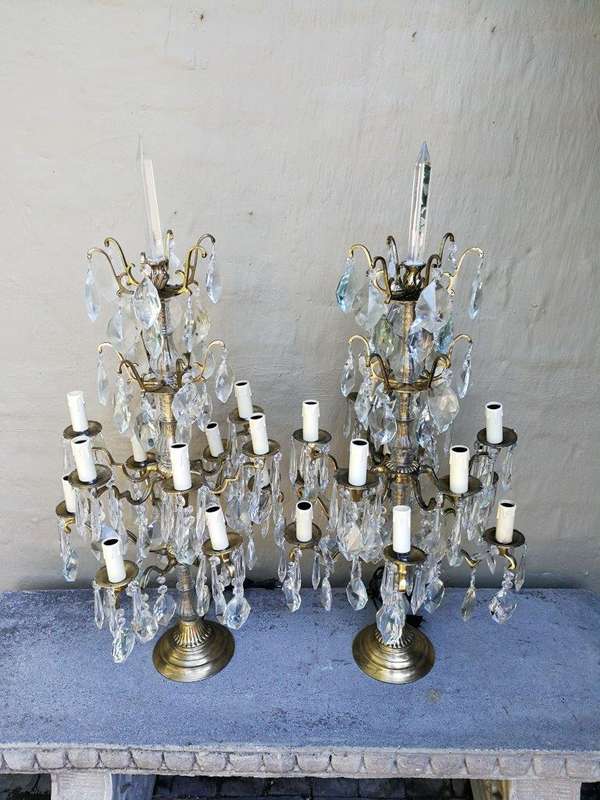 A Pair of French Girandole Gallery Candelabras / Brass and Crystal Table Lamps (Large)