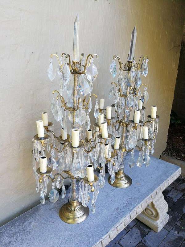 A Pair of French Girandole Gallery Candelabras / Brass and Crystal Table Lamps (Large)