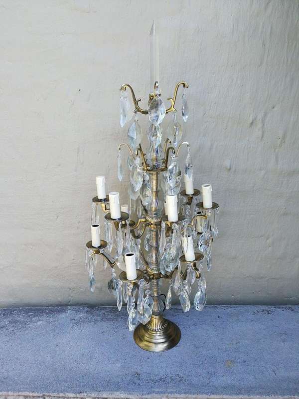 A Pair of French Girandole Gallery Candelabras / Brass and Crystal Table Lamps (Large)