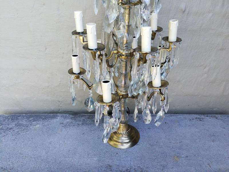 A Pair of French Girandole Gallery Candelabras / Brass and Crystal Table Lamps (Large)