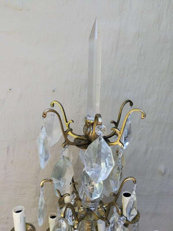 A Pair of French Girandole Gallery Candelabras / Brass and Crystal Table Lamps (Large)