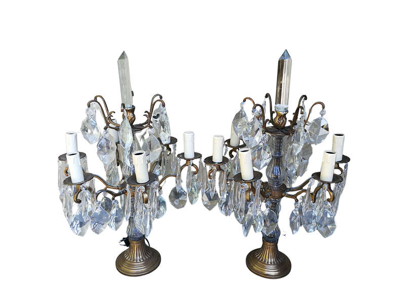A Pair of French Style Gallery Brass and Crystal Table Lamp in a Gold Finish (Medium)