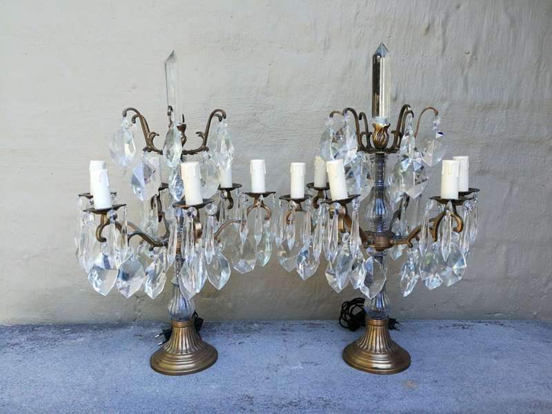 A Pair of French Style Gallery Brass and Crystal Table Lamp in a Gold Finish (Medium)