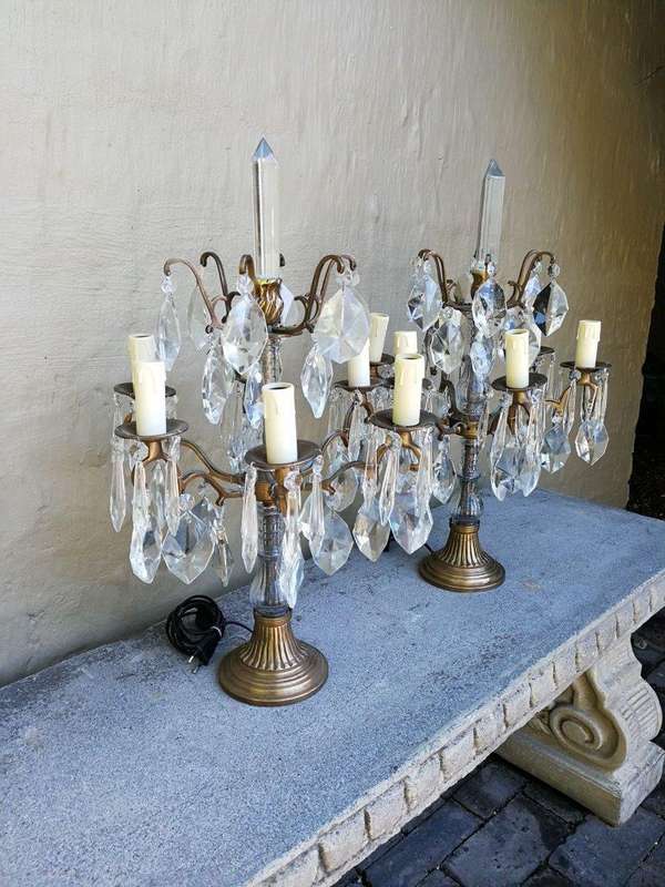 A Pair of French Style Gallery Brass and Crystal Table Lamp in a Gold Finish (Medium)