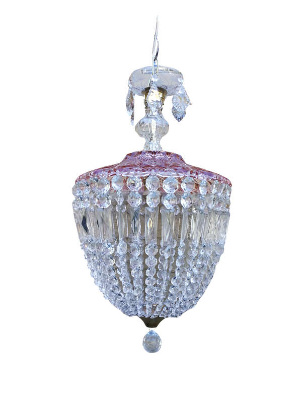 A French Style Brass and Crystal Plate Chandelier with a Floral Cerise Top