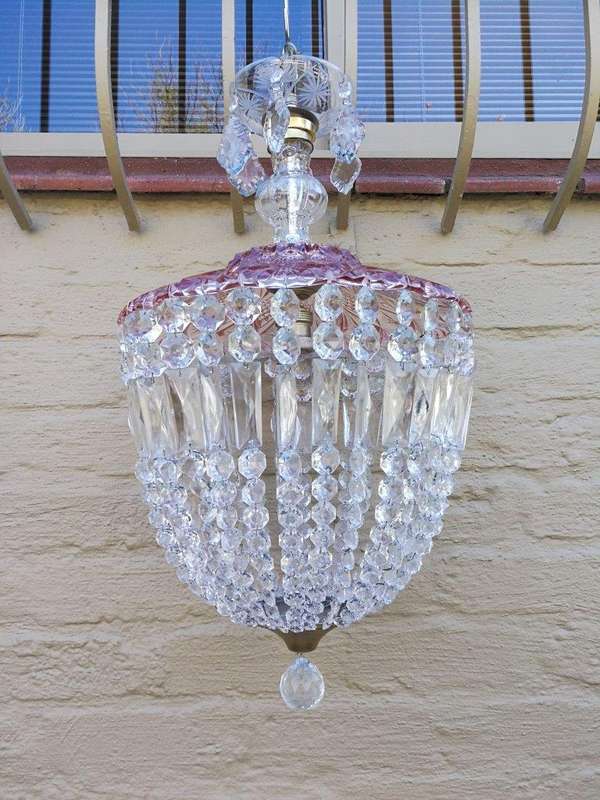 A French Style Brass and Crystal Plate Chandelier with a Floral Cerise Top