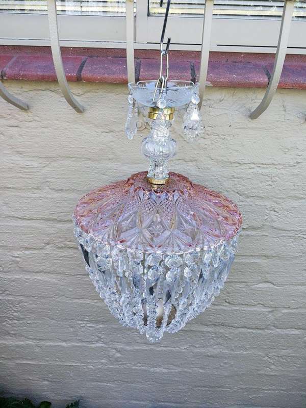 A French Style Brass and Crystal Plate Chandelier with a Floral Cerise Top
