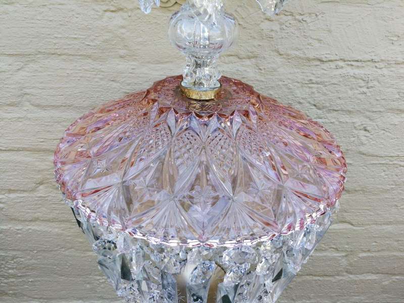 A French Style Brass and Crystal Plate Chandelier with a Floral Cerise Top