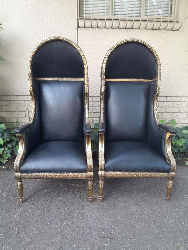 A Pair Of French Style Carved and Hand-Gilded with Gold Leaf Wooden Dome / Canopy Chairs Modelled...