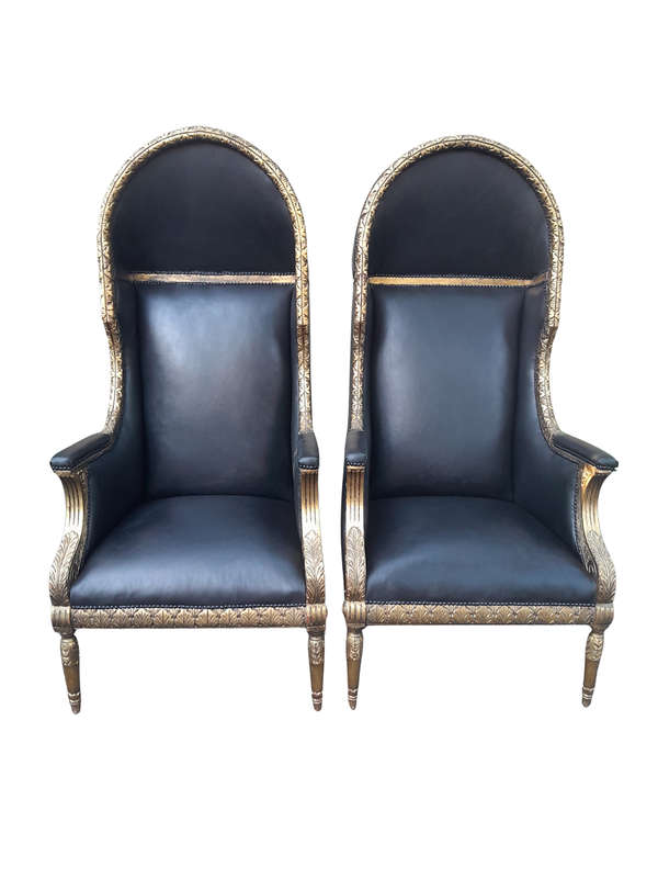 A Pair Of French Style Carved and Hand-Gilded with Gold Leaf Wooden Dome / Canopy Chairs Modelled...