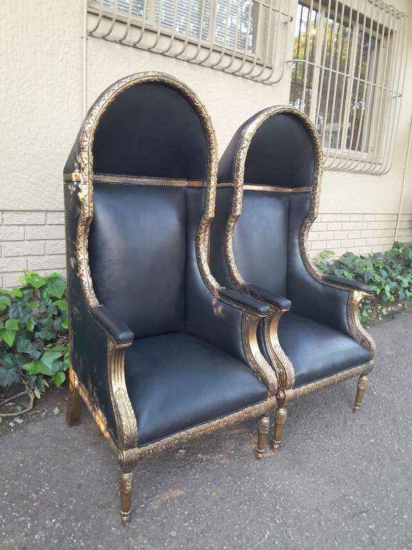 A Pair Of French Style Carved and Hand-Gilded with Gold Leaf Wooden Dome / Canopy Chairs Modelled...