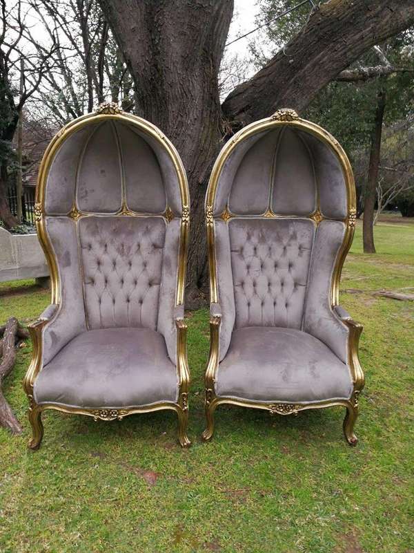 A Pair of French Style Carved and Gilded Wooden Dome/Canopy Chairs (modelled on the famous Louis ...
