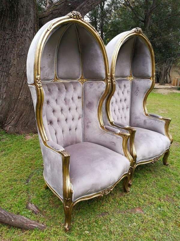 A Pair of French Style Carved and Gilded Wooden Dome/Canopy Chairs (modelled on the famous Louis ...