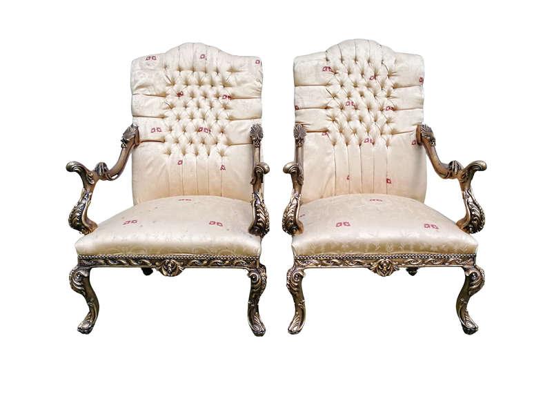 An Exceptional Pair Of 20th Century French Style Carved And Giltwood Throne Chairs