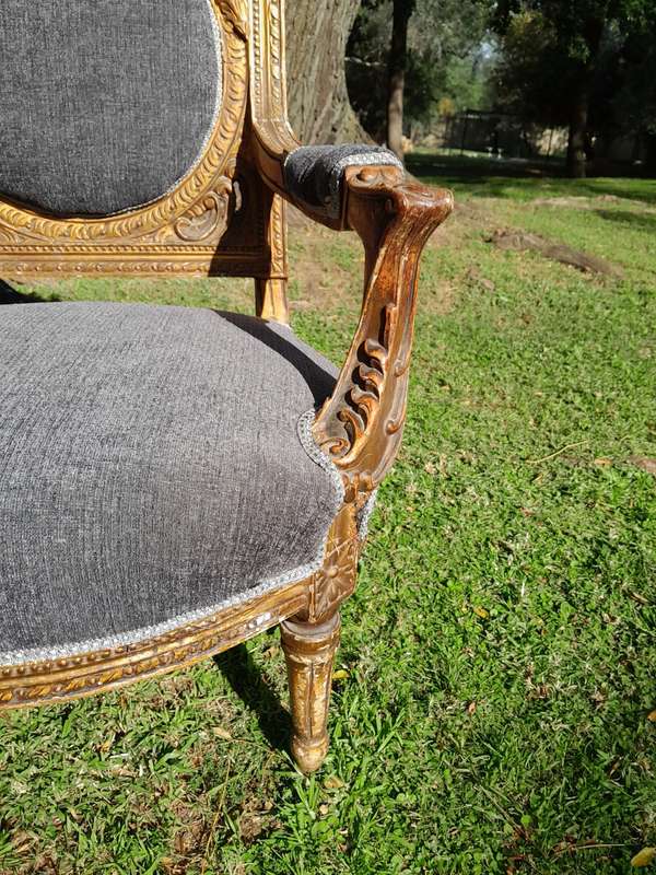 A 20th Century French Style Ornately Carved and Gilded Pair of Arm Chairs