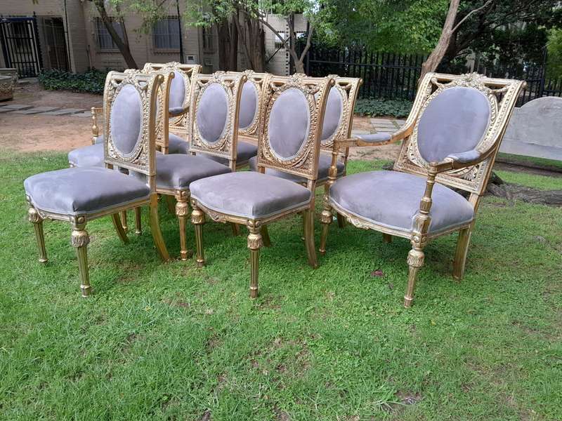 A Set of Eight French Style Ornately Carved and Gilded Dining Chairs (6 chairs and 2 Carvers)