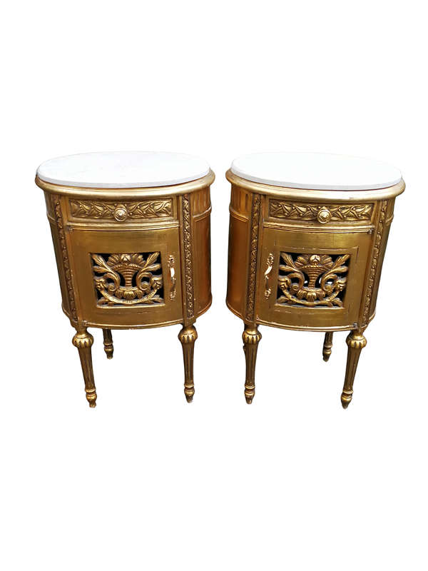 A Pair of French Style Ornately Carved Giltwood Pedestals/Side Tables with Marble Tops