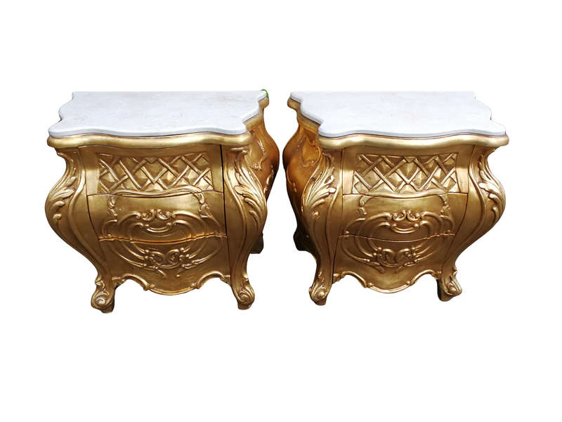 A Pair of French Style Ornately Carved Bombe Giltwood Pedestals/Side Tables with Marble Tops