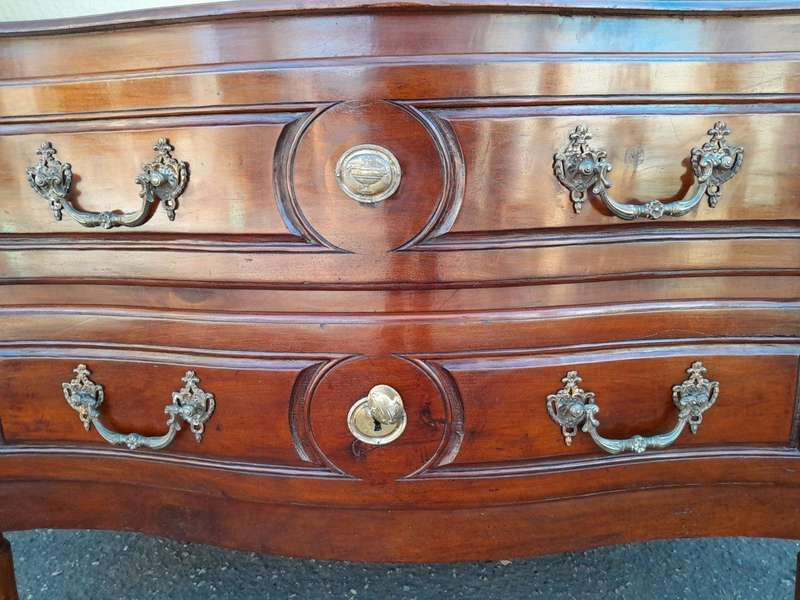 An Extremely Rare 18th Century French Provincial Fruitwood Chest of Drawers with Original Brass H...