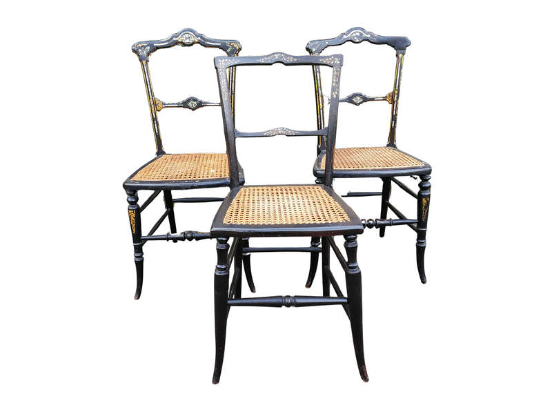 A Pair Of Victorian Circa 1880s Ebonised Chinoiserie And Gilt-Painted With Mother-Of-Pearl Inla...