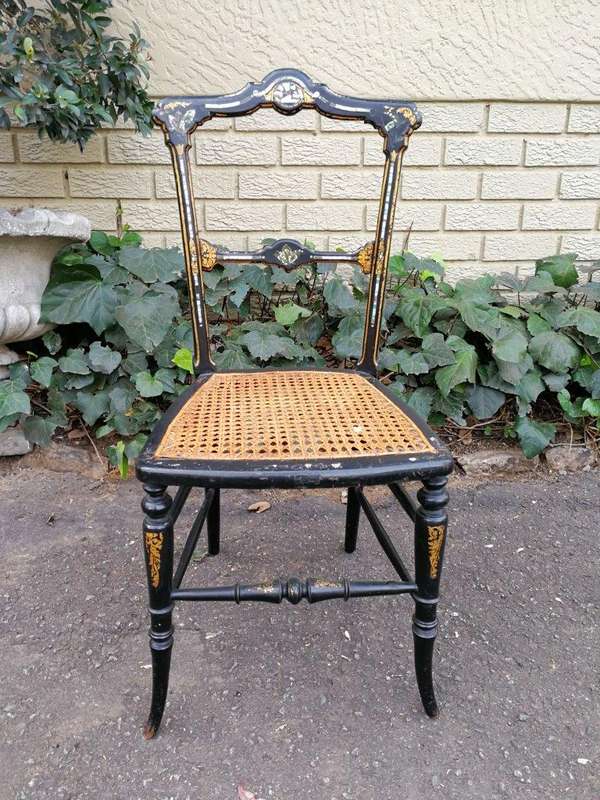 A Pair Of Victorian Circa 1880s Ebonised Chinoiserie And Gilt-Painted With Mother-Of-Pearl Inla...