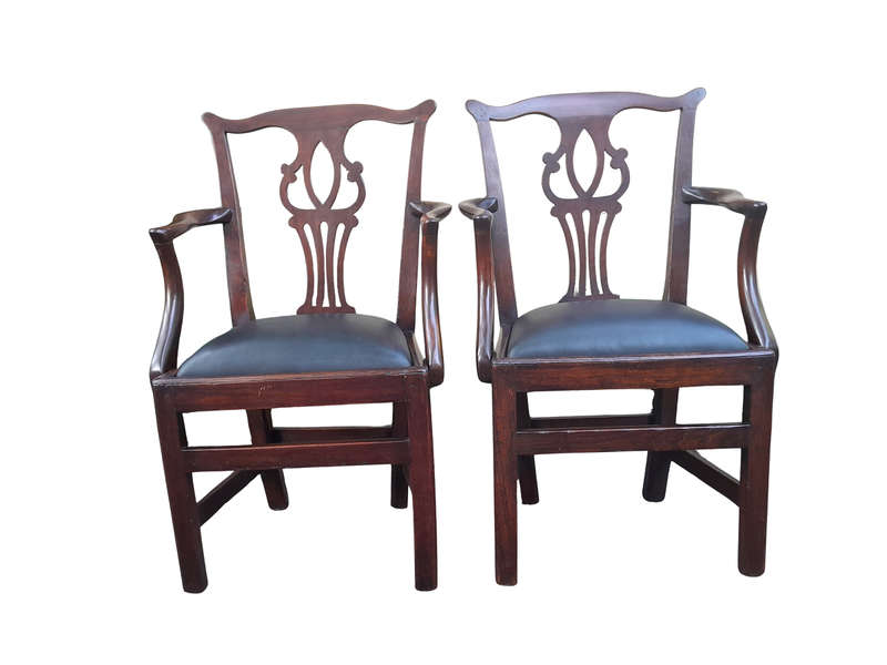 A 19th Century / Circa 1810 Victorian Pair of Carved Oak Armchairs Upholstered in Leather