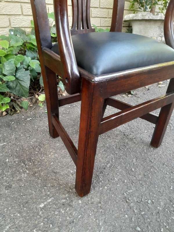 A 19th Century / Circa 1810 Victorian Pair of Carved Oak Armchairs Upholstered in Leather