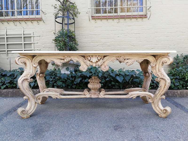 A 20th Century Carved and Bleached Teak Console / Server Table with Marble Top