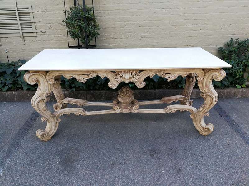 A 20th Century Carved and Bleached Teak Console / Server Table with Marble Top