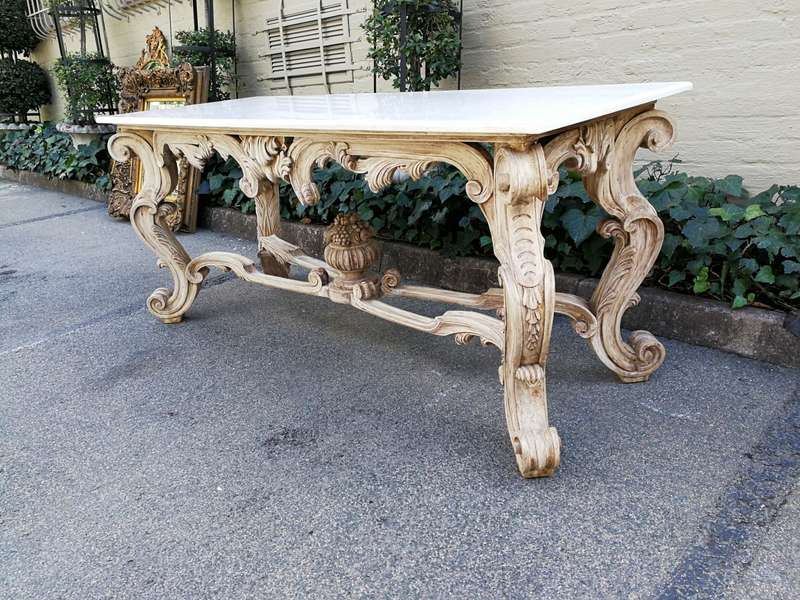 A 20th Century Carved and Bleached Teak Console / Server Table with Marble Top