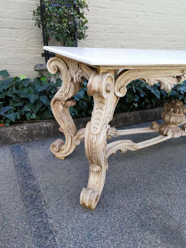 A 20th Century Carved and Bleached Teak Console / Server Table with Marble Top