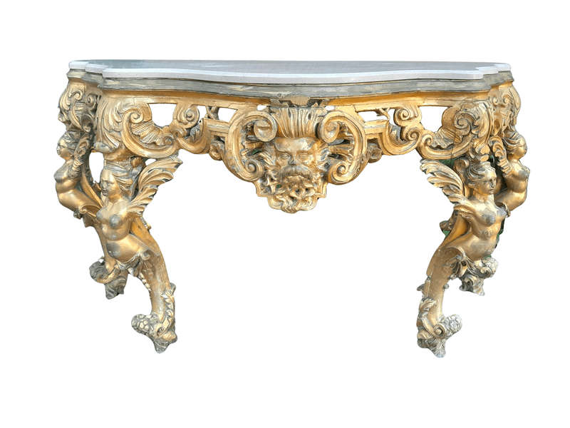 A Rare 19th Century English Ornately Carved Oak and Gilded Console Table with Marble Top