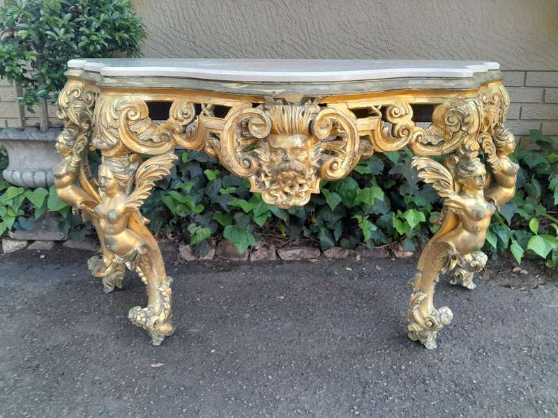 A Rare 19th Century English Ornately Carved Oak and Gilded Console Table with Marble Top