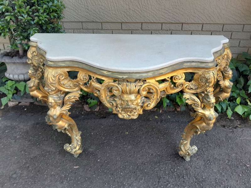 A Rare 19th Century English Ornately Carved Oak and Gilded Console Table with Marble Top